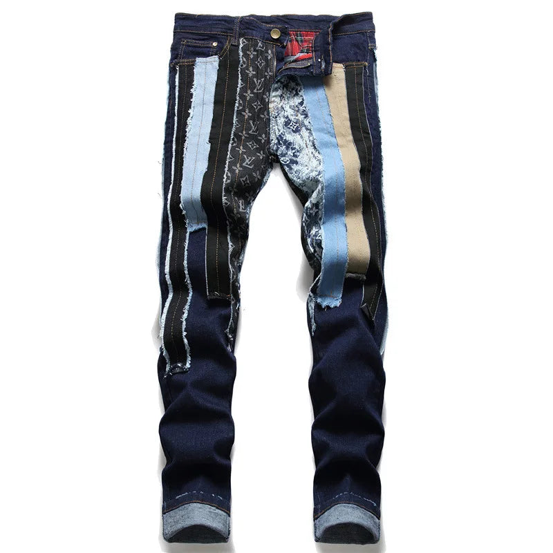 Dark Blue Slim-Fit Patchwork Jeans