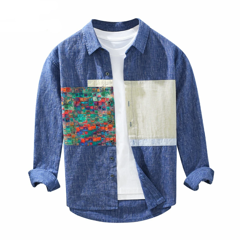 Vintage Printed Creative Patchwork Shirt