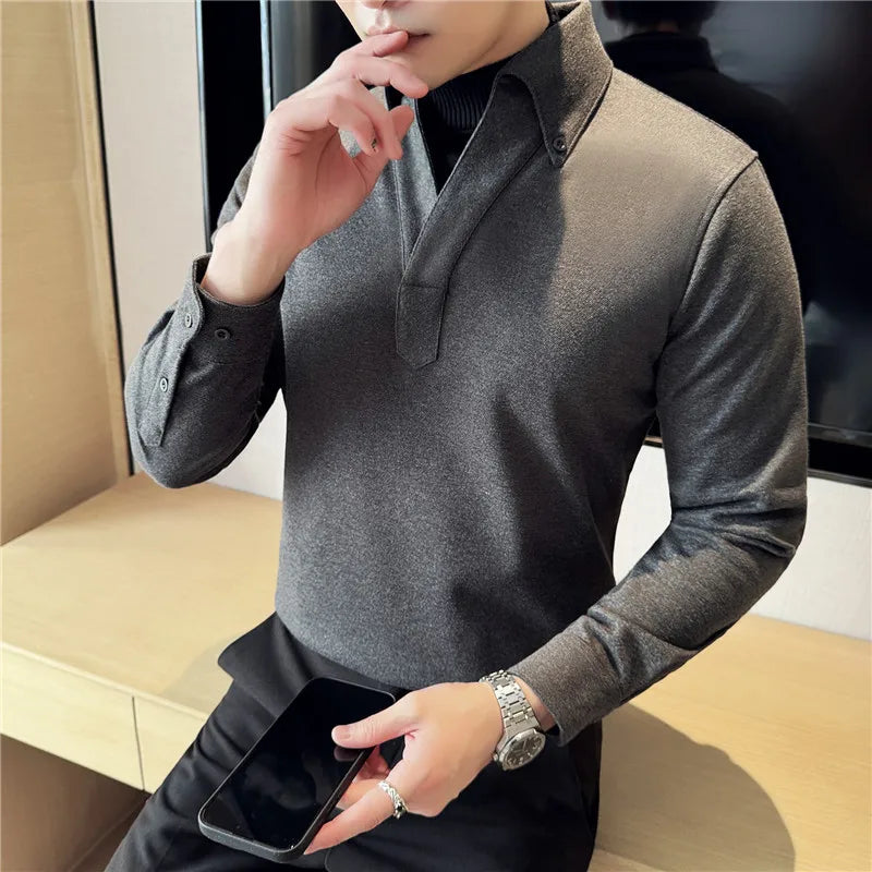 Solid Fake 2Pieces High Collar Polo Shirt