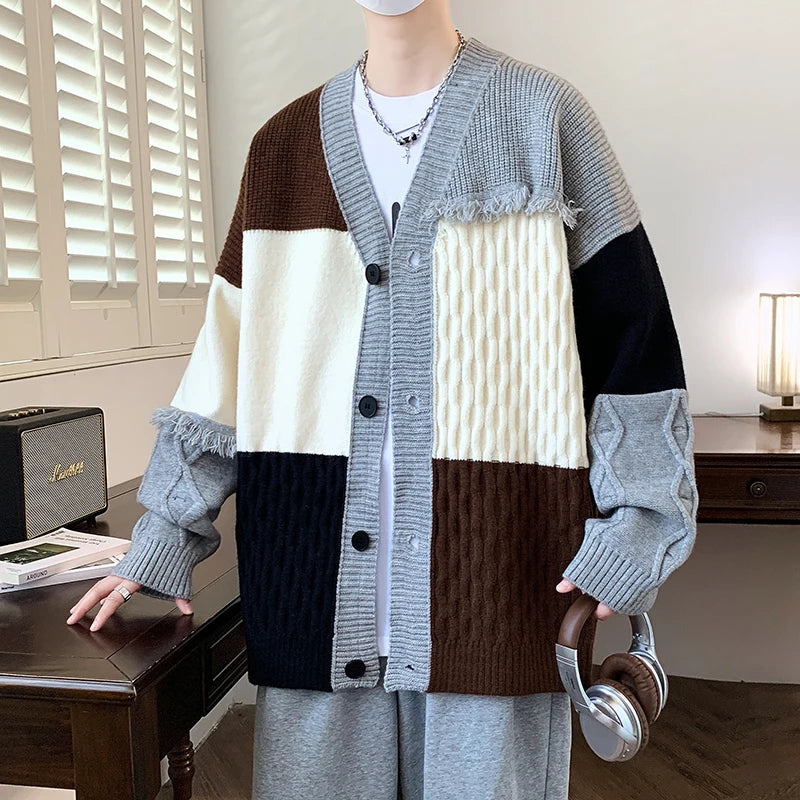 Solid Plaid Patchwork Loose Cardigan