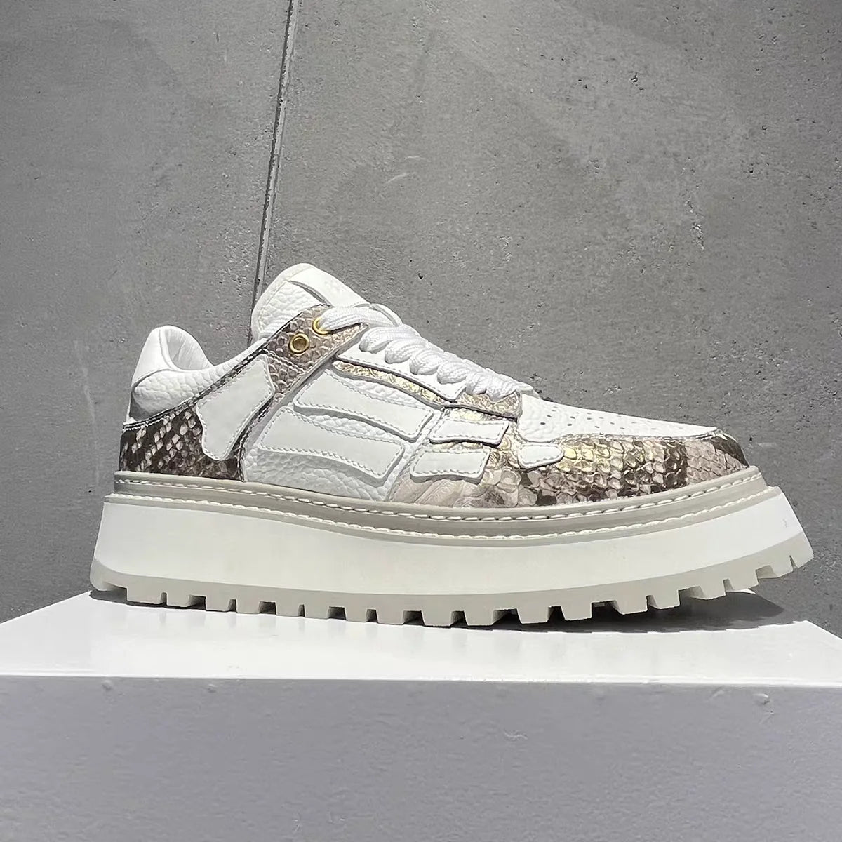 White Patchwork Genuine Leather Casual Sneakers