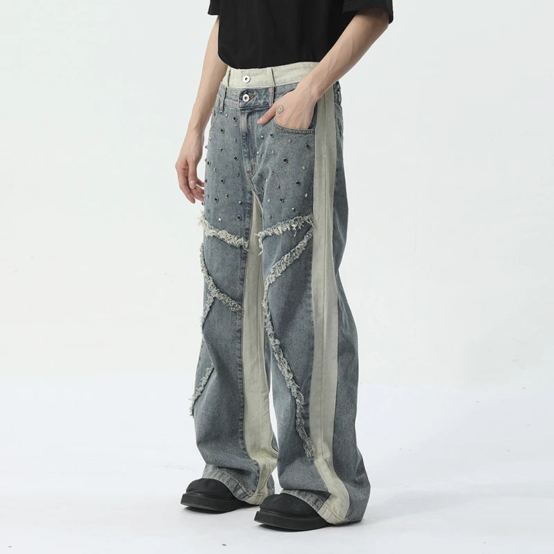 Rivet Patchwork Fringe Loose Jeans