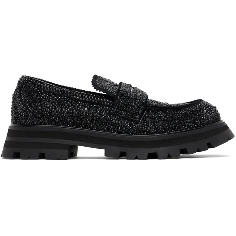 Black Shiny Rhinestone Slip-On Loafers