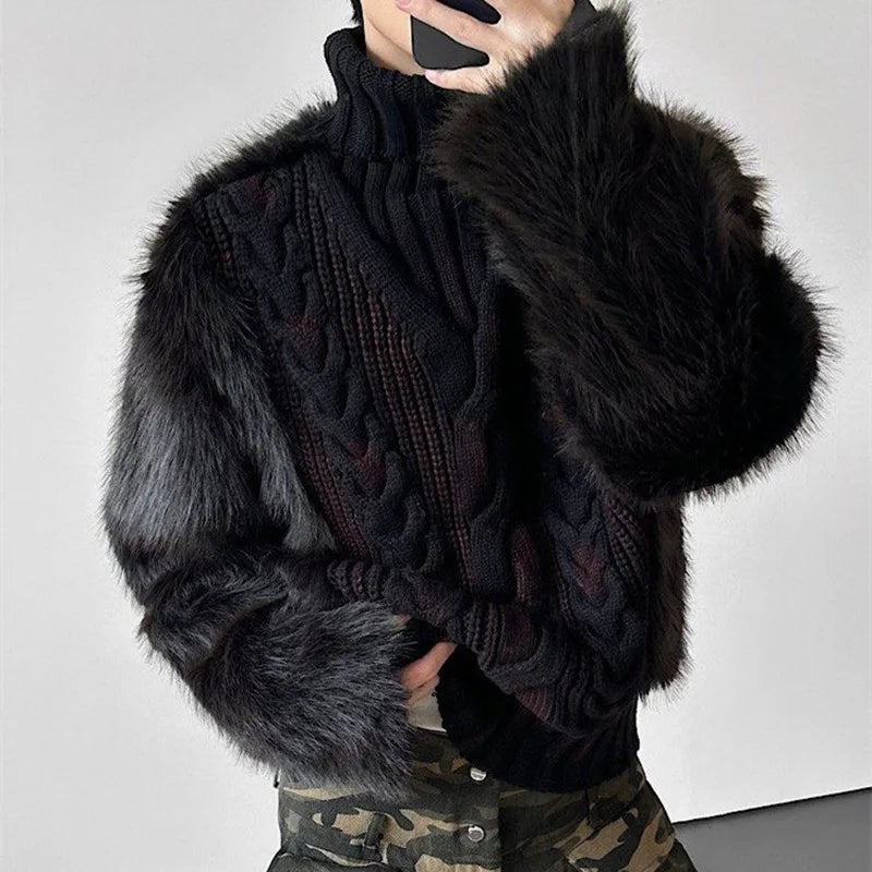 Turtleneck Spliced Fur Cable Knit Oversized Sweater