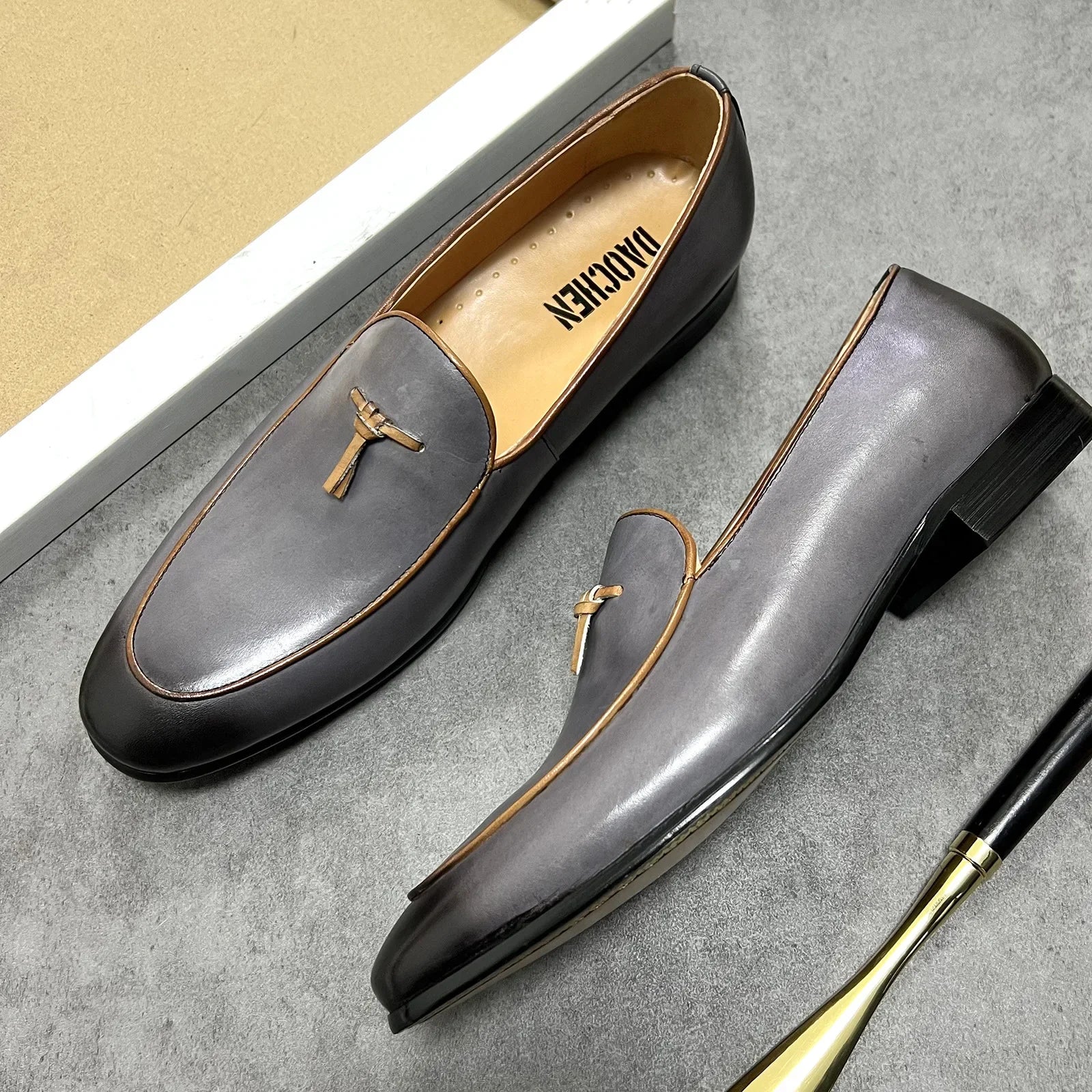 Gray Solid Tassels Genuine Leather Loafers