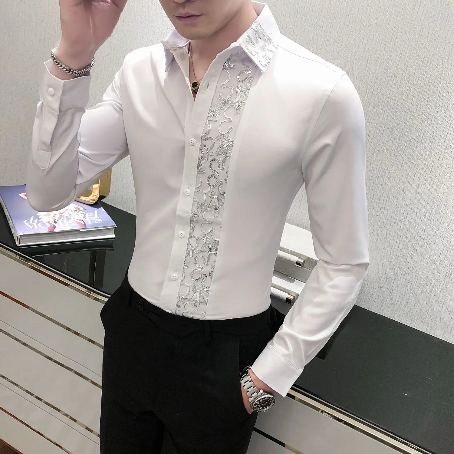 Solid Lace Sequin Slim Fit Shirt