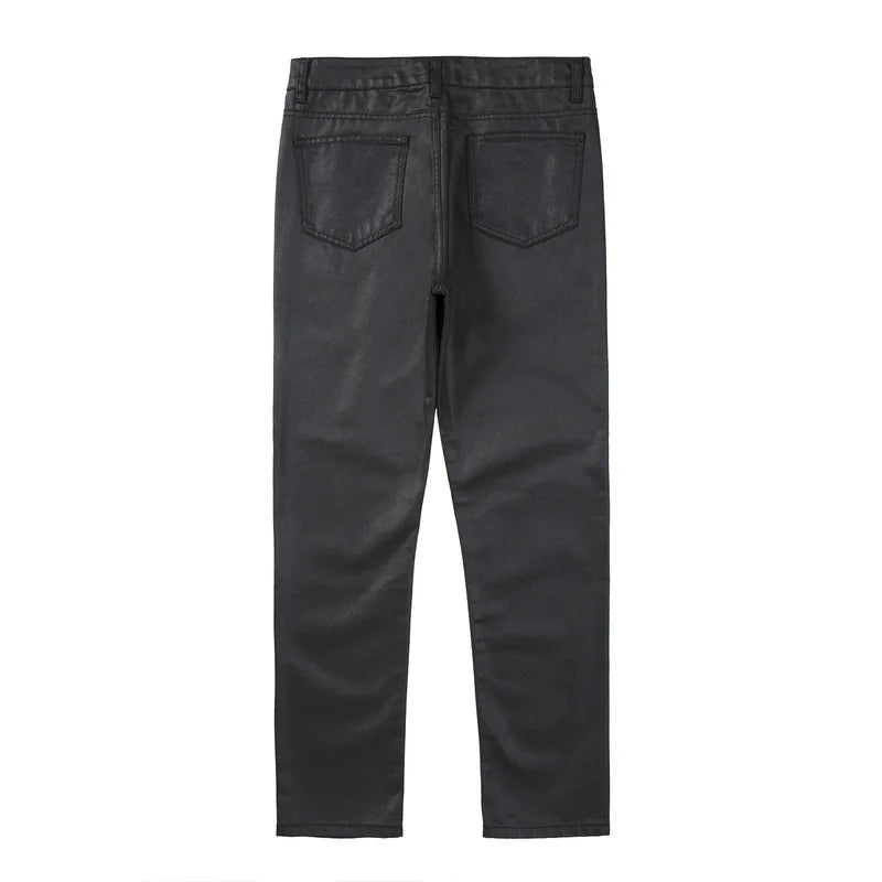 Black Solid Wax Coating Pants