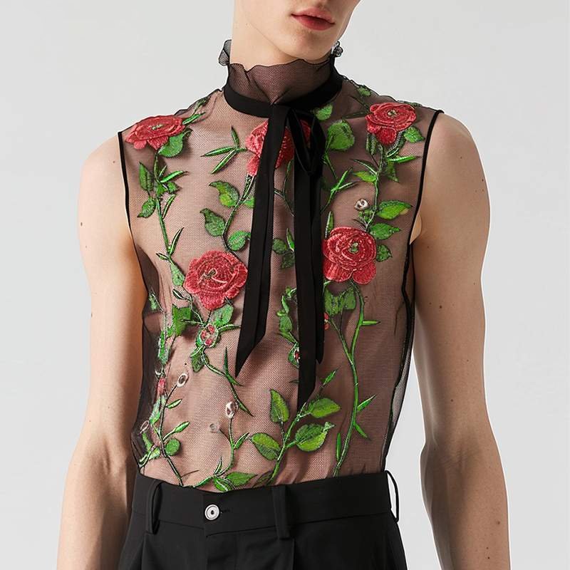 Floral Embroidery See-Through Tank Top