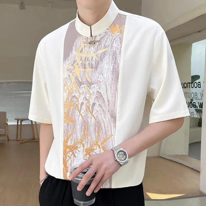 Chinese Abstract Color Blocking Shirt