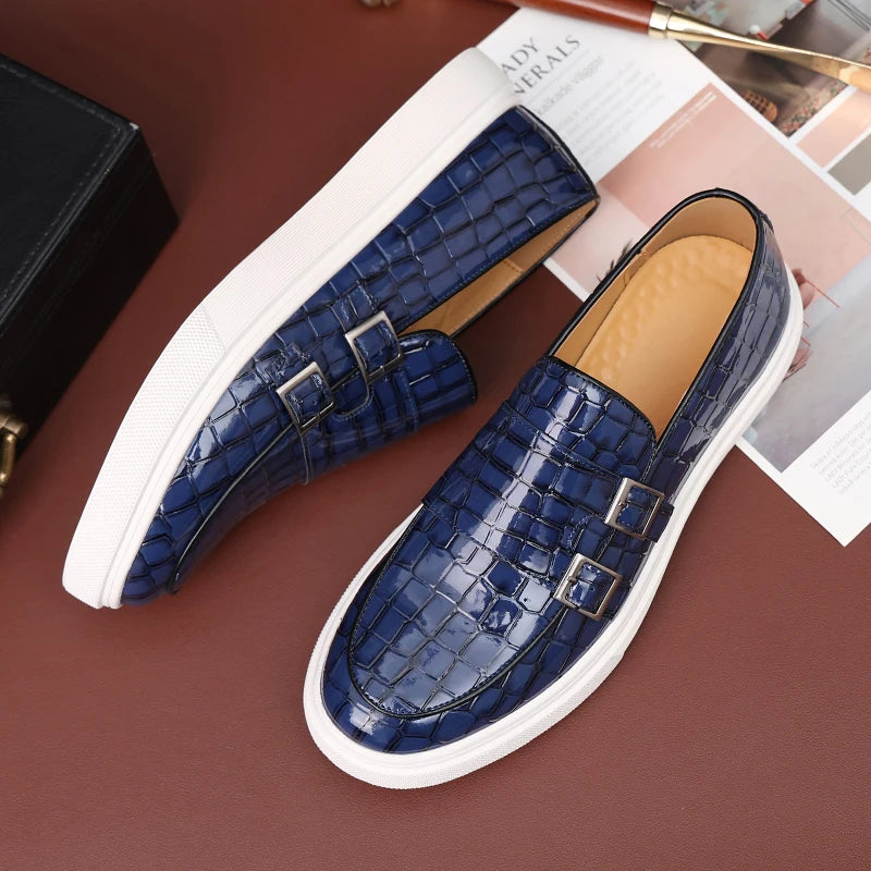 Crocodile Leather Double Buckle Monk Shoes