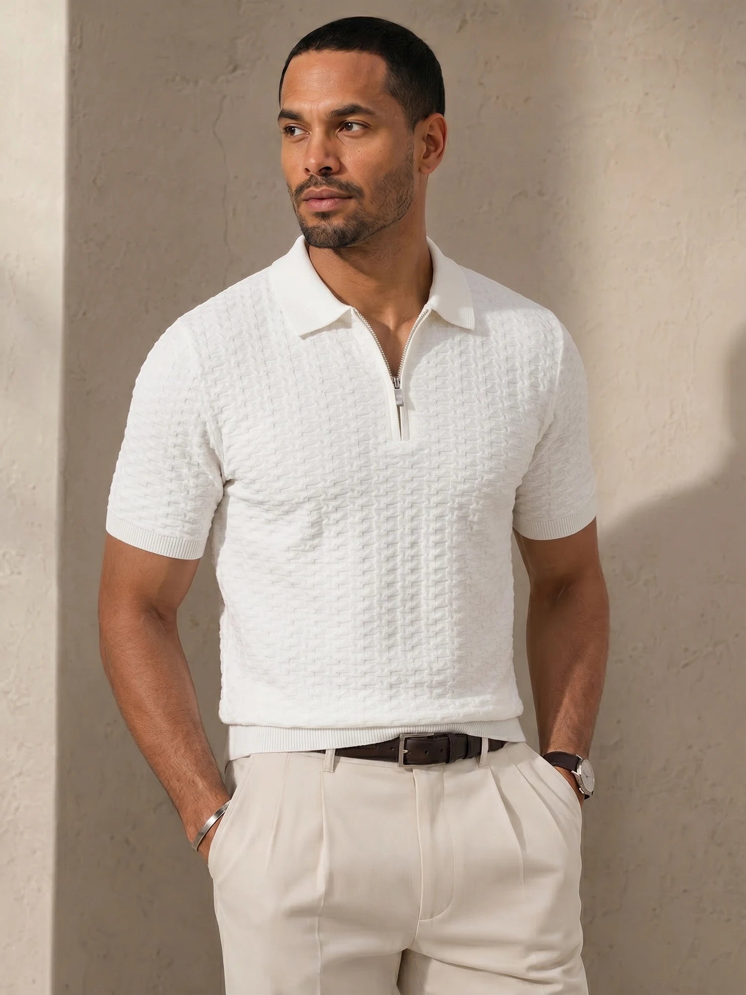 Men's Textured Knitted Zipper Polo Shirt