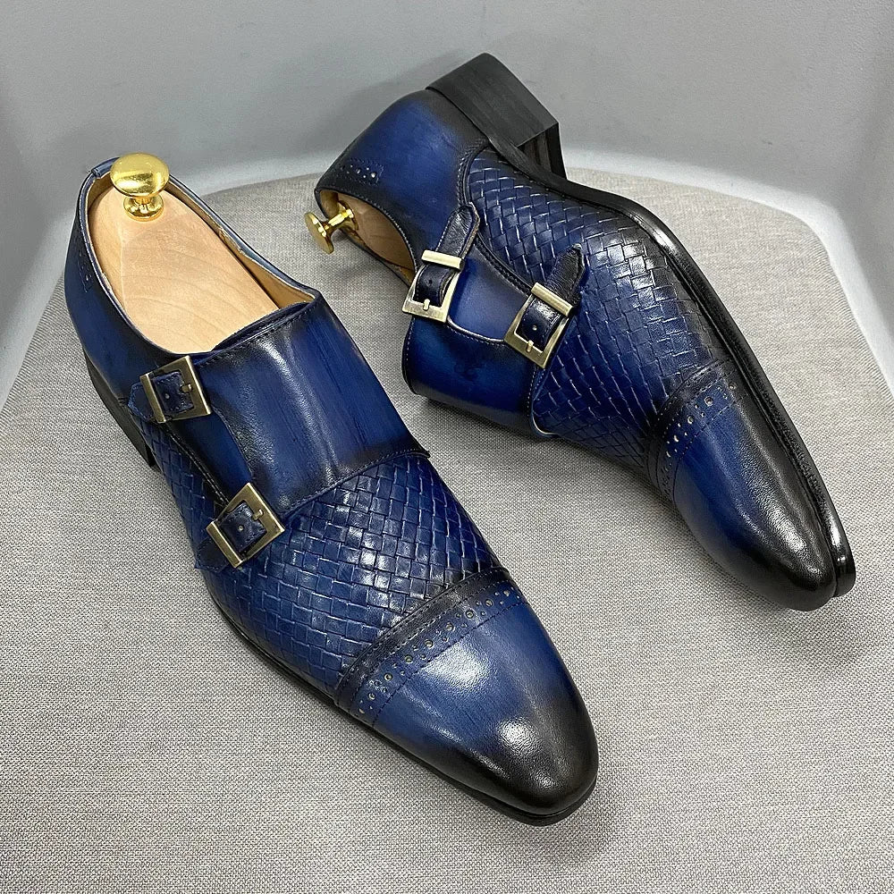 Woven and Solid Pattern Monk Shoes