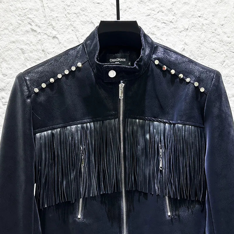 Punk Rivet Tassel Leather Jacket