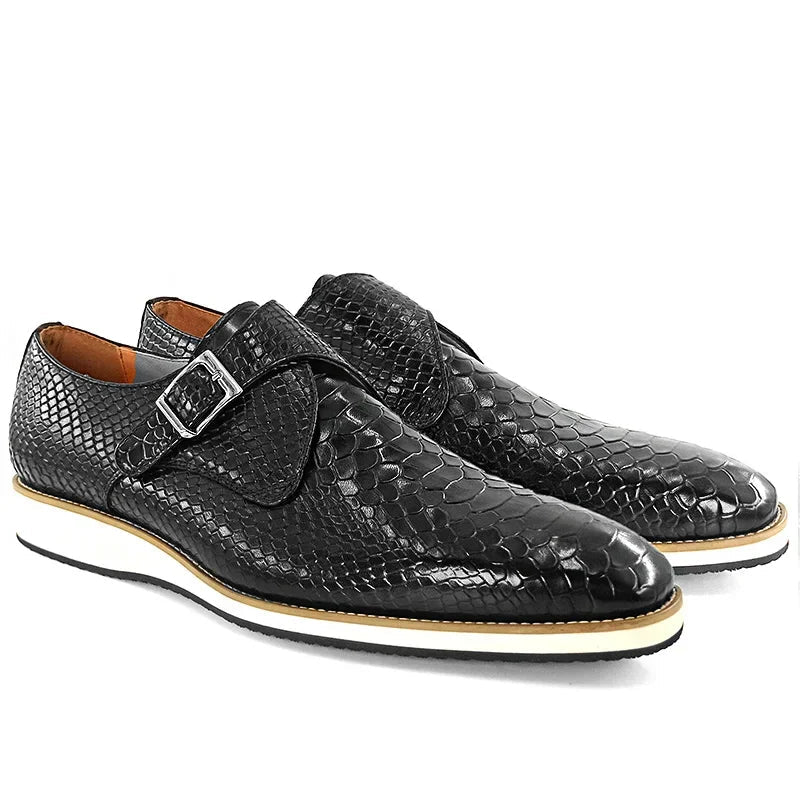 Black Snake Print Buckle Strap Monk Shoes