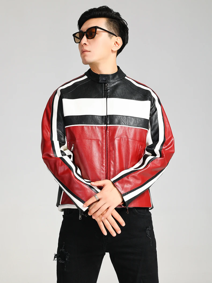 Color Block Pu Leather Racer Jacket