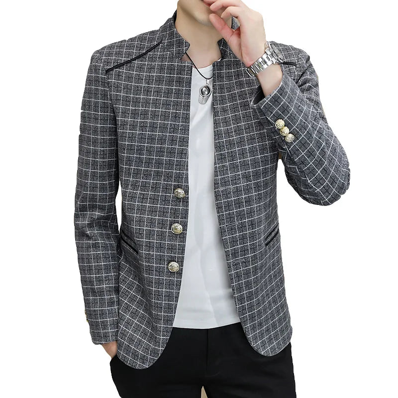 Thick Plaid Pattern Stand Collar Blazer