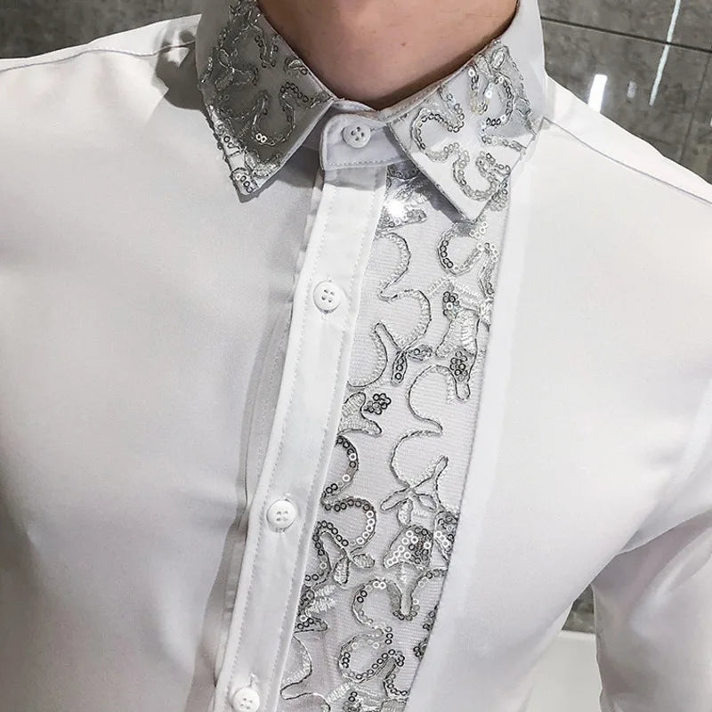 Solid Lace Sequin Slim Fit Shirt