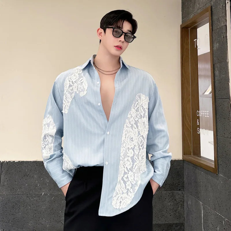 Lace Patchwork Blue Color Men's Shirt