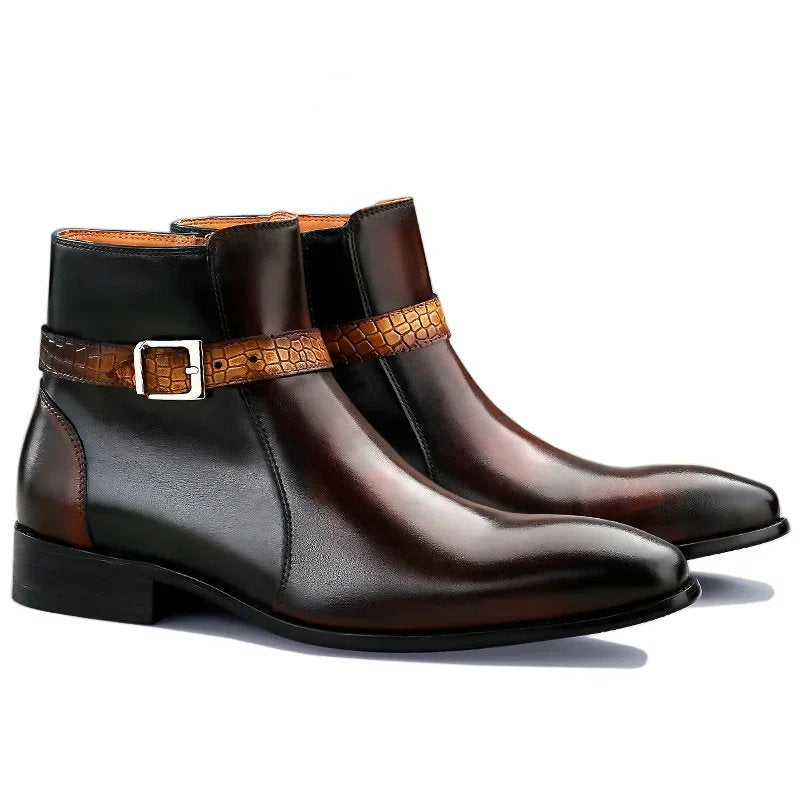 Brown Black Crocs Buckle Strap Leather Boots