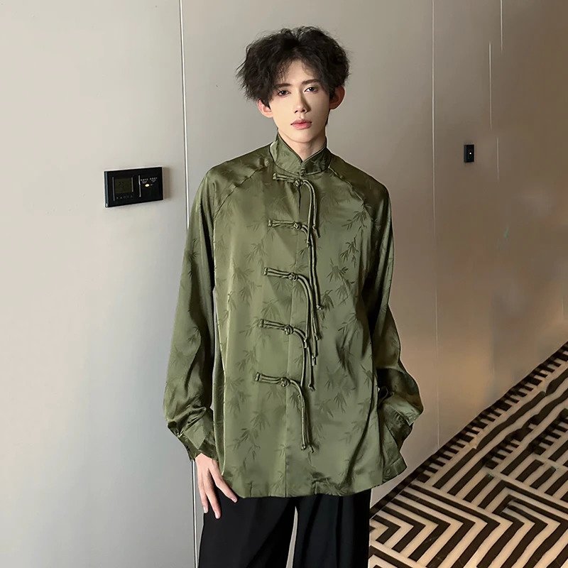 Green Color Chinese Style Long-Sleeve Shirt