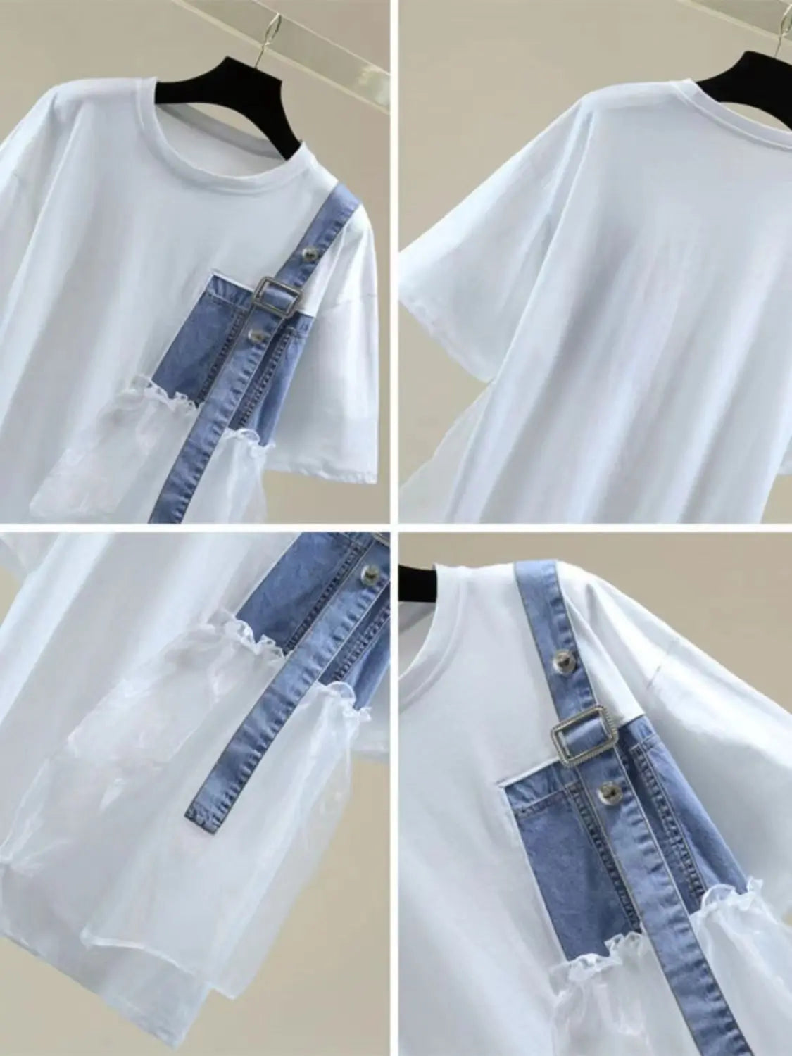 Solid Oversize Denim Tulle Patchwork T-Shirt