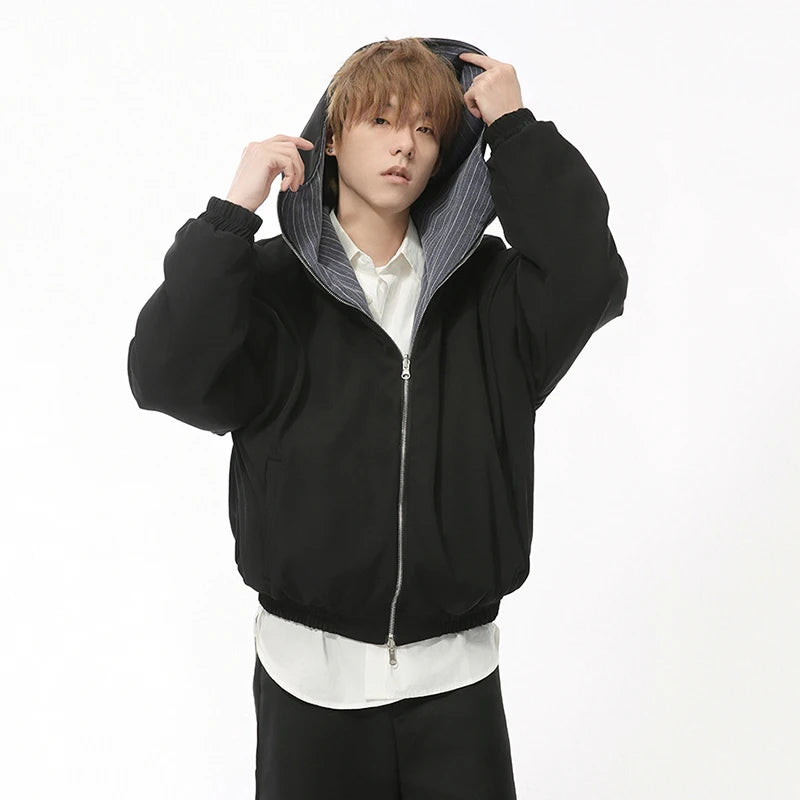 Thin Striped Padded Hooded Reversible Jacket