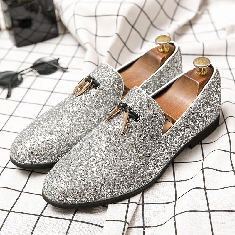 Sparkling Silvery Tassel Leather Loafers