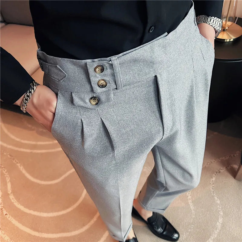 Solid Casual High Waist Button Trousers