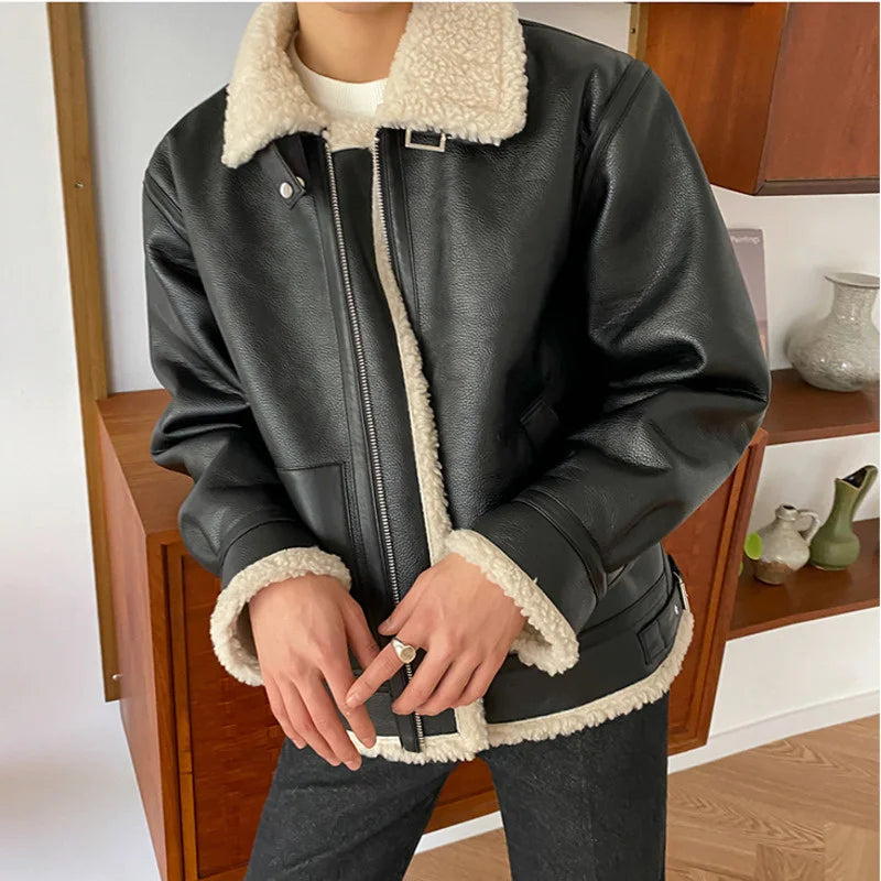 Lamb Wool PU Leather Fur Patchwork Jacket