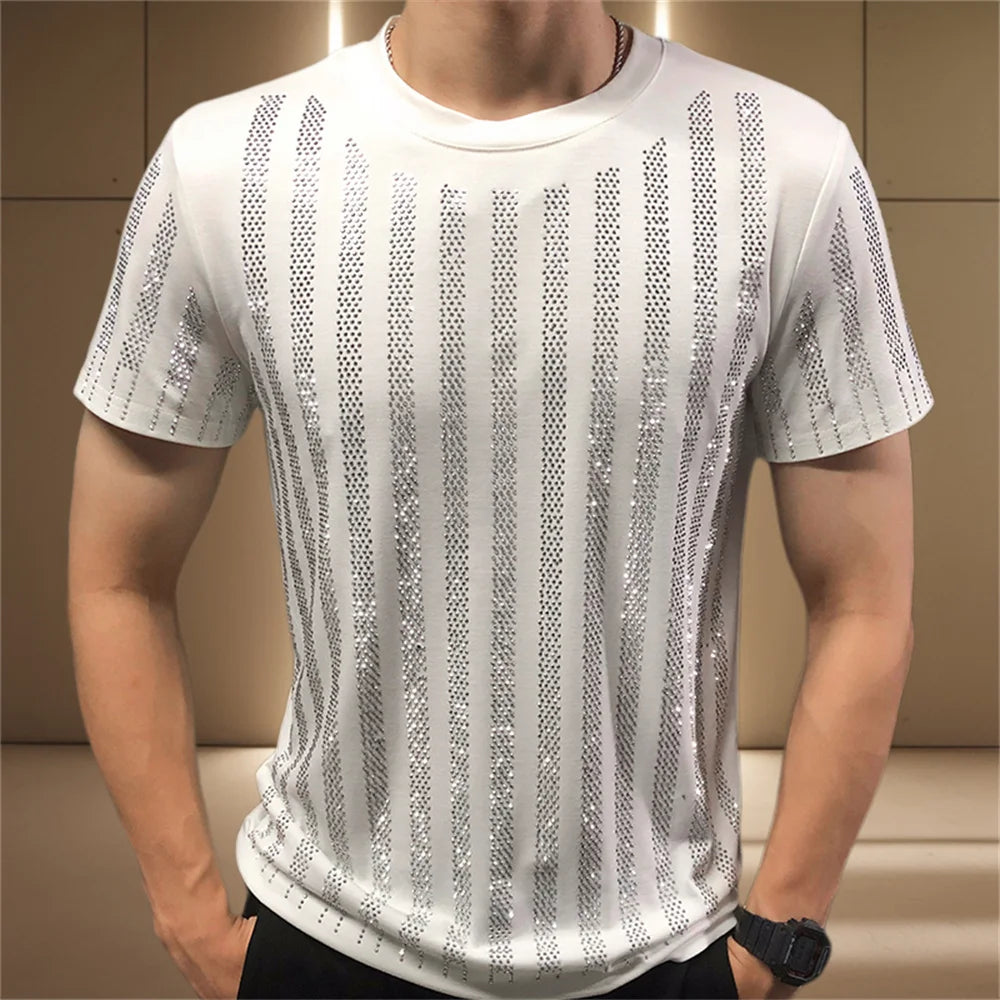 Stripes Rhinestone O-Neck T-Shirt