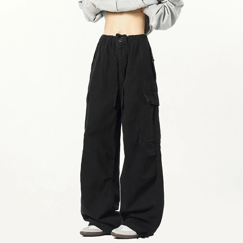 Solid Drawstring Side Pockets Wide Leg Pants