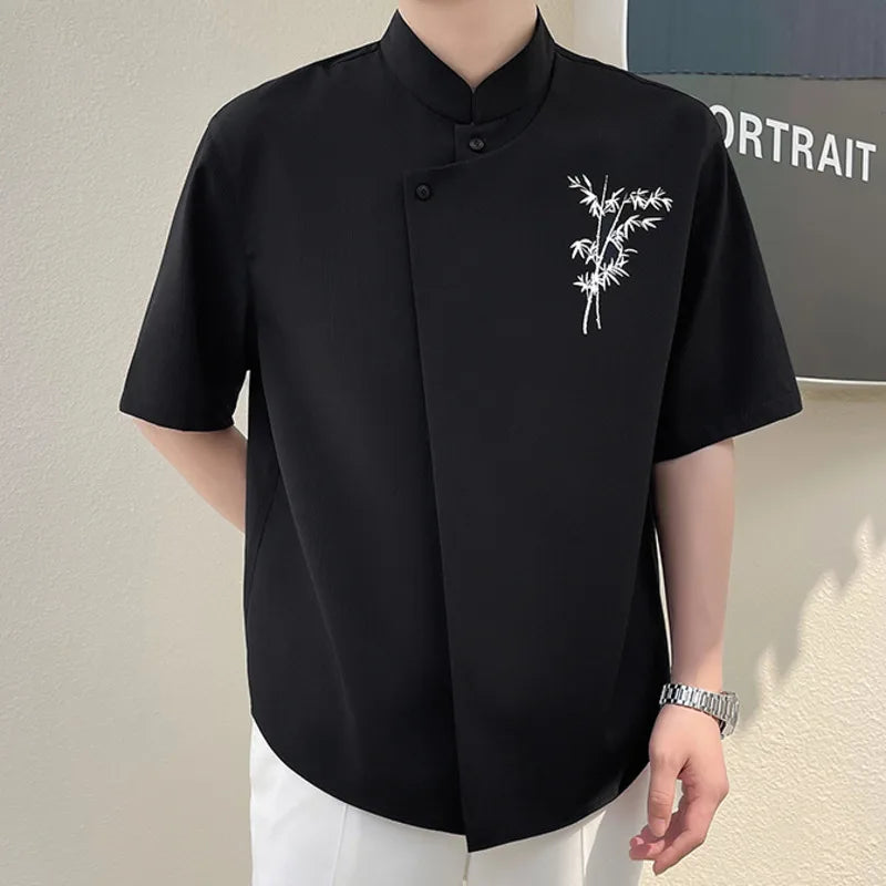 Solid Chest Embroidery Stand Collar Shirt