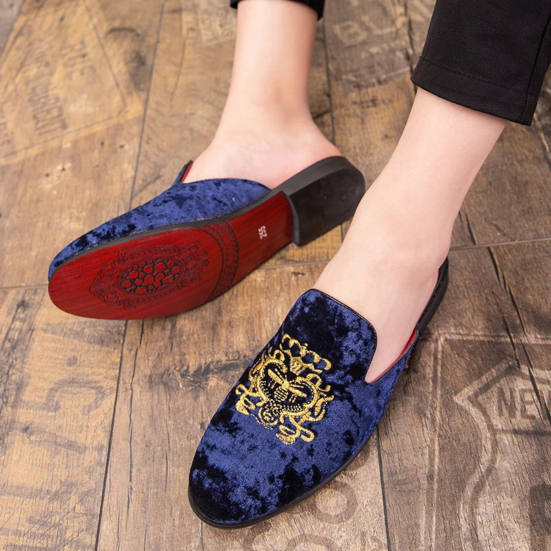 Embroidered Velvet Upper Mules Shoes