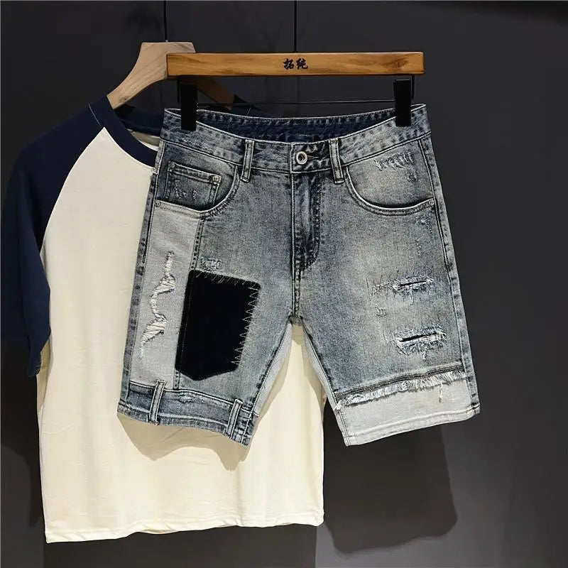 Casual Patchwork Spliced Denim Shorts