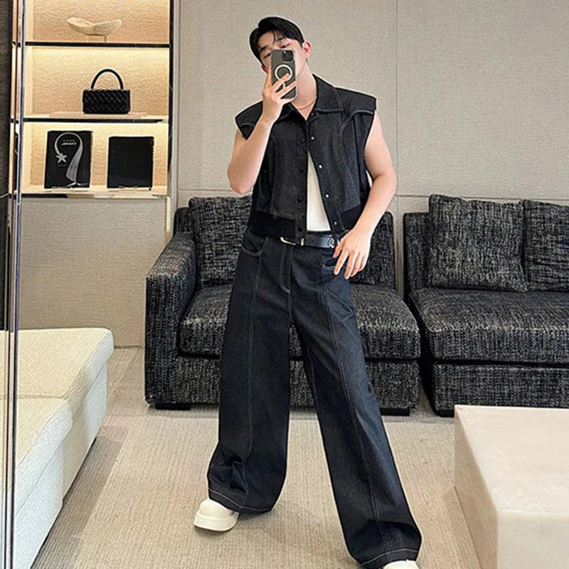 Black Denim Vest Pants Set