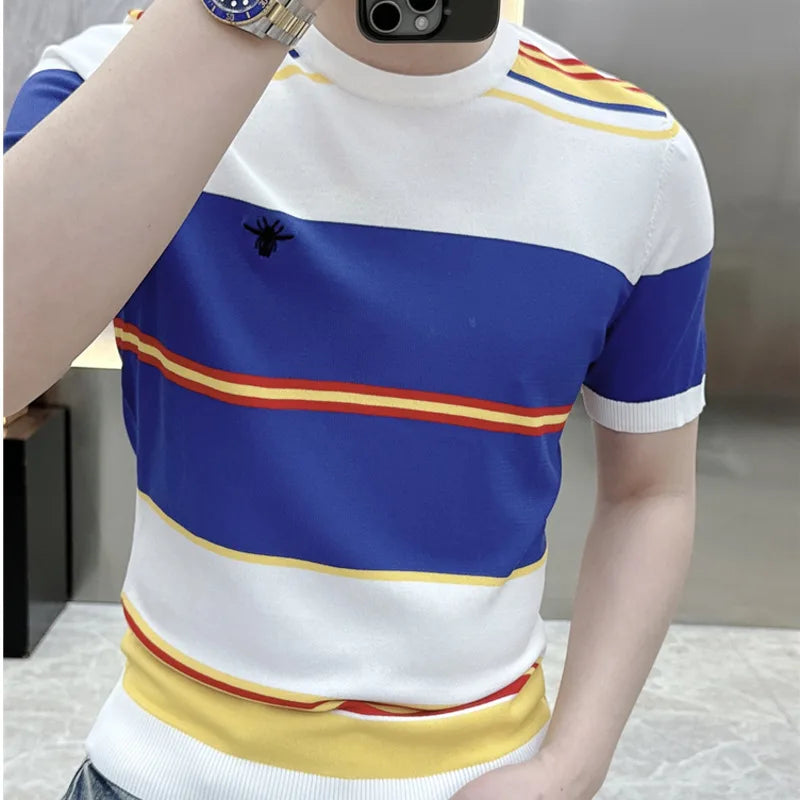 Contrasting Color Splicing Striped T-Shirt