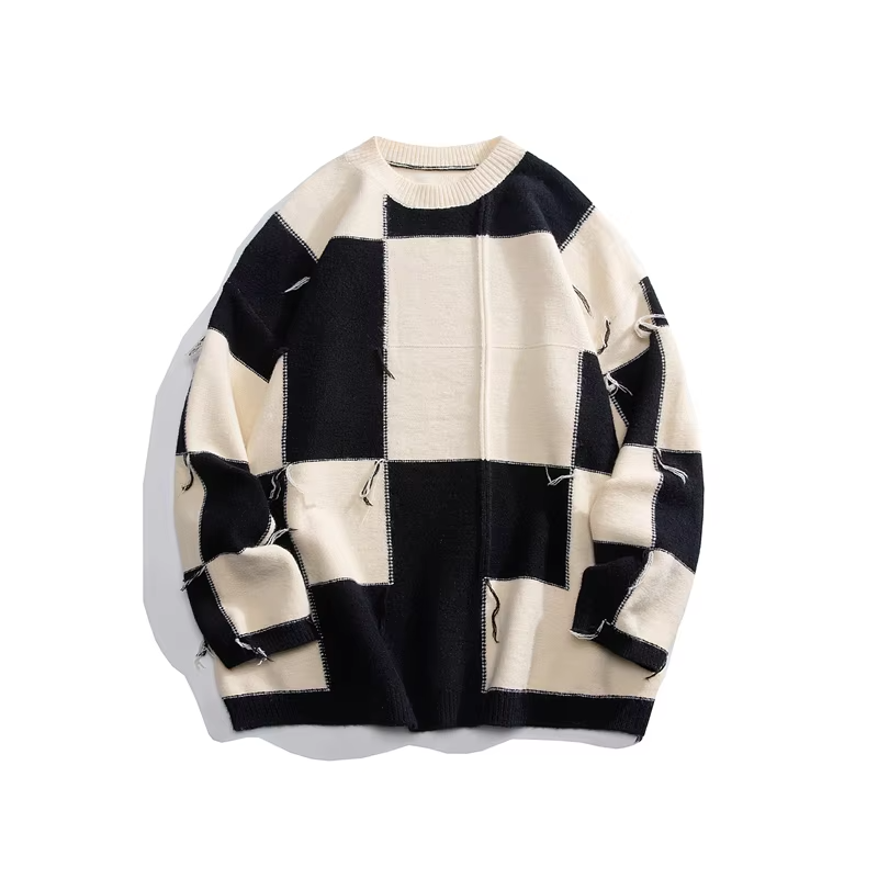 Checkerboard Round Neck Knitted Sweater