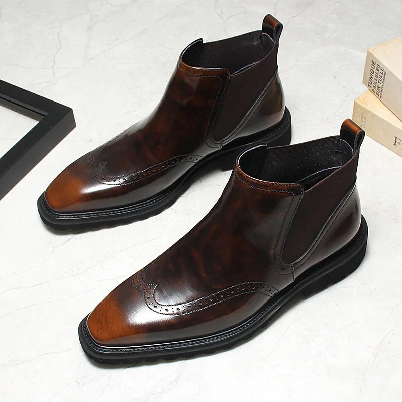 Wingtip Solid Leather Chelsea Boots