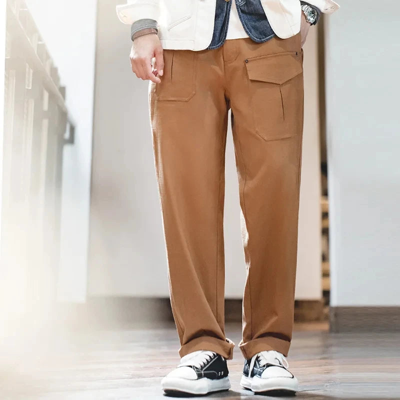 Solid Brown Cotton Straight Trousers