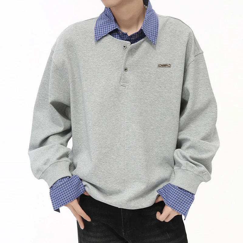 Plaid Patchwork Fake Two-piece Loose Sweatshirt