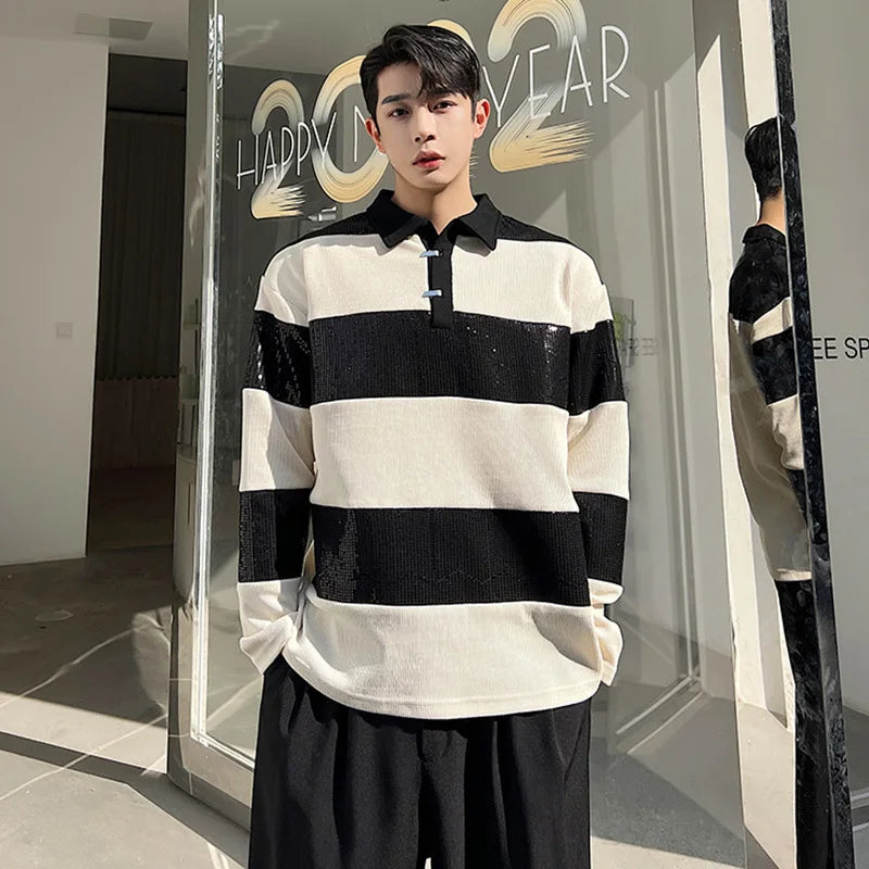 B&W Stripes Long Sleeve Polo Shirt