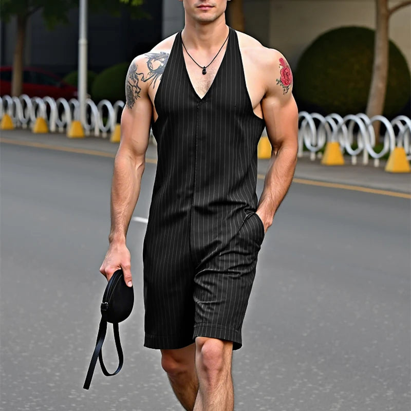 Striped Pattern Sleeveless V-Neck Romper