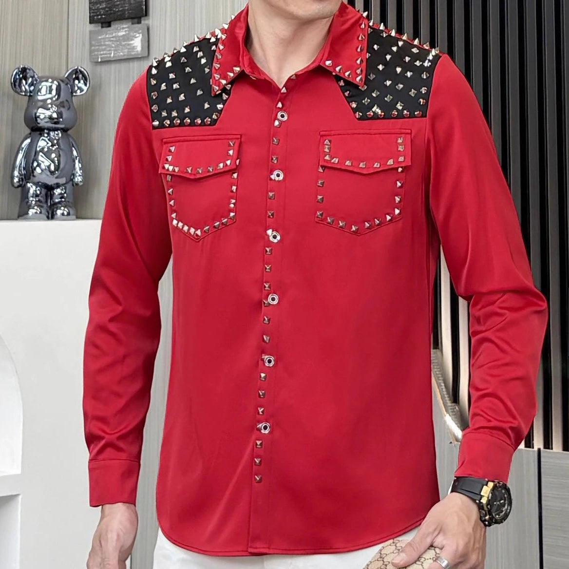 Men‘s Punk Rivets Long-Sleeved Shirt
