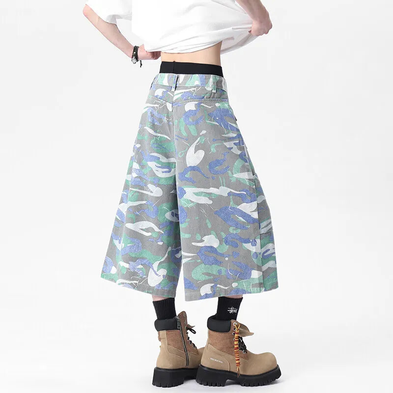 Casual Camouflage Multi-Pocket Denim Capri