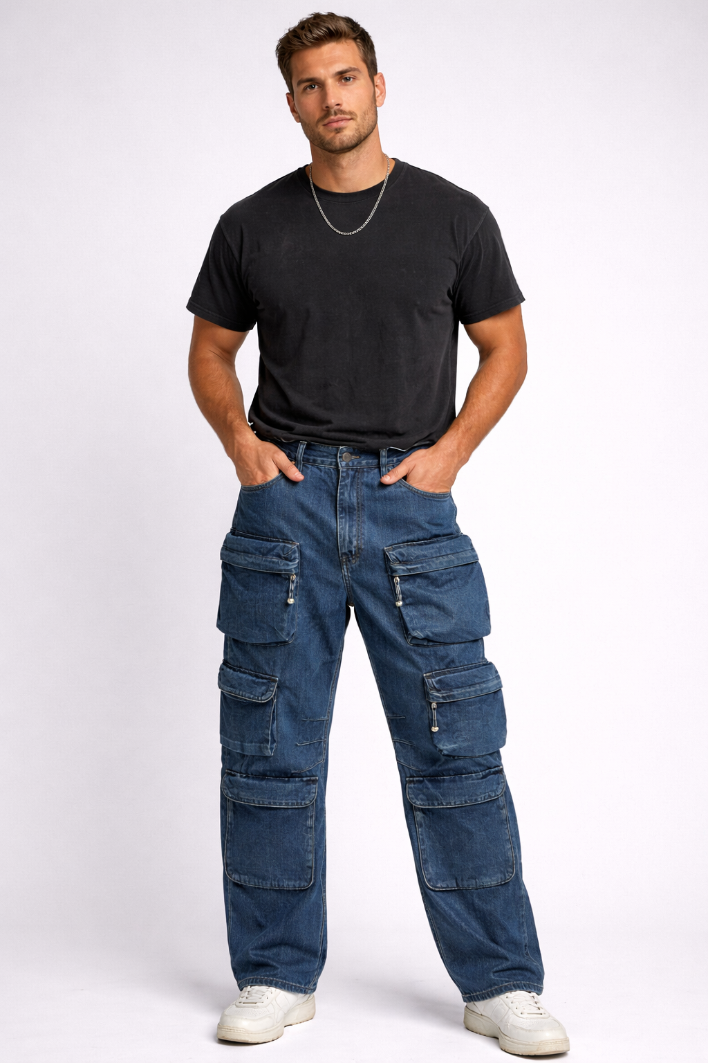 Multi Pockets Dark Blue Denim Jeans