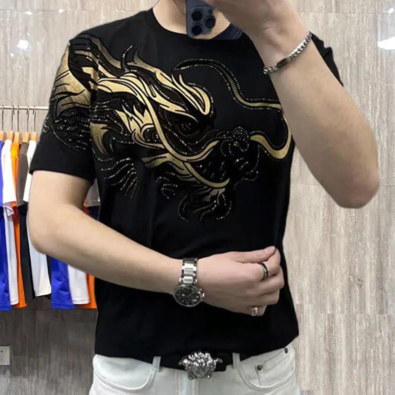 Dragon Printed Rhinestone Men T-Shirt