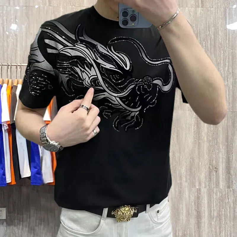 Dragon Printed Rhinestone Men T-Shirt