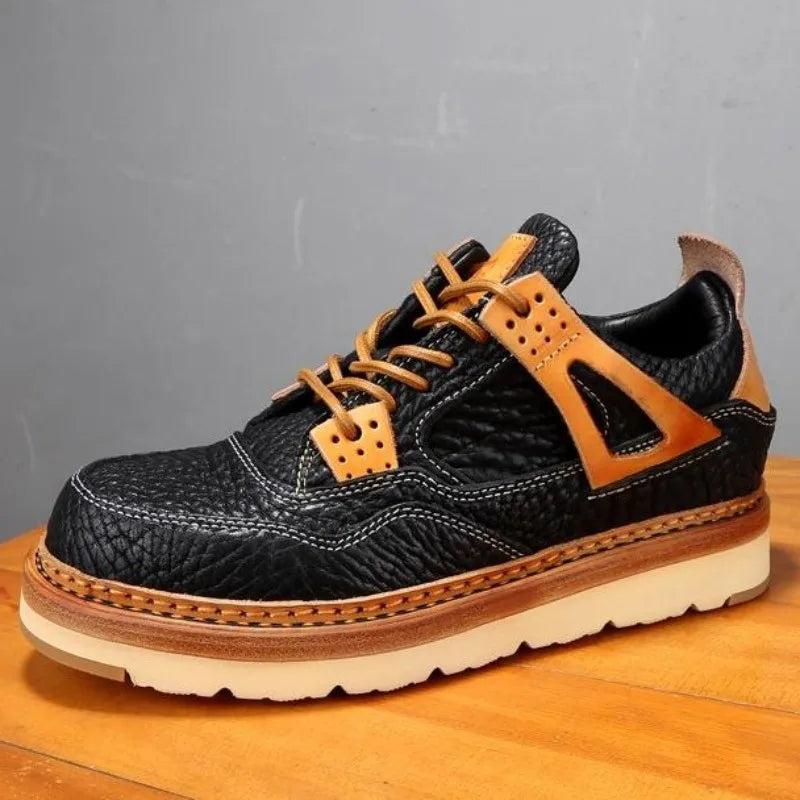 Black Leather Platform Lace-Up Sneakers