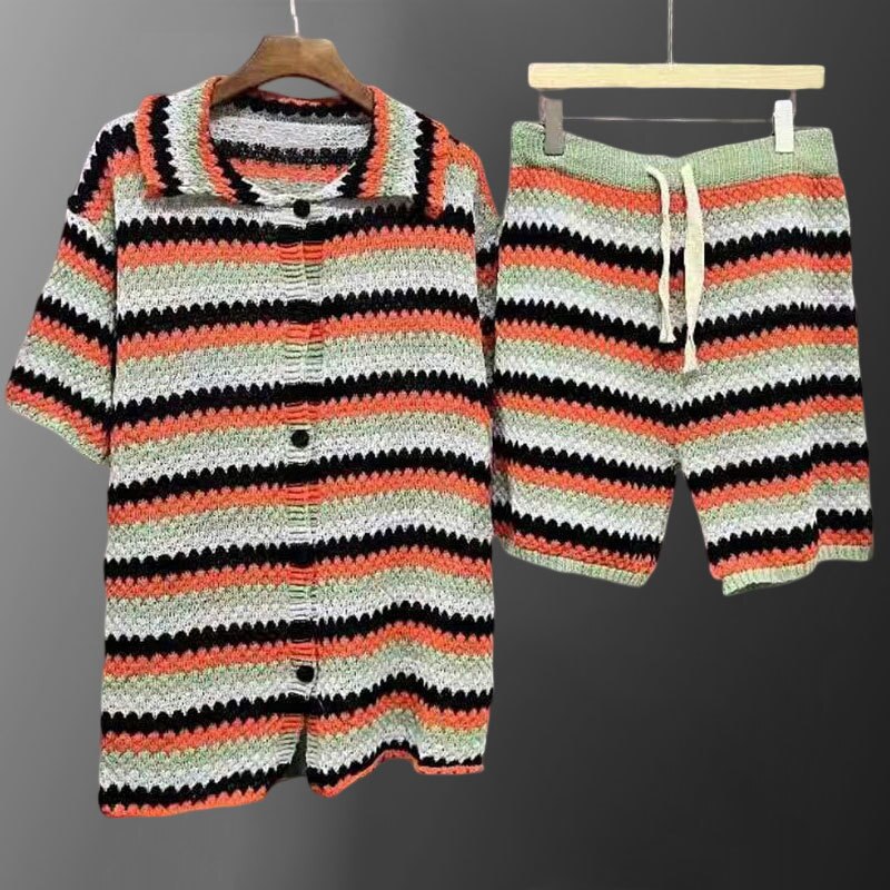 Retro Geometric Pattern Knitted Shorts Set