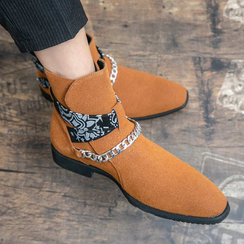 Flock Chain Buckle Strap Ankle Boots